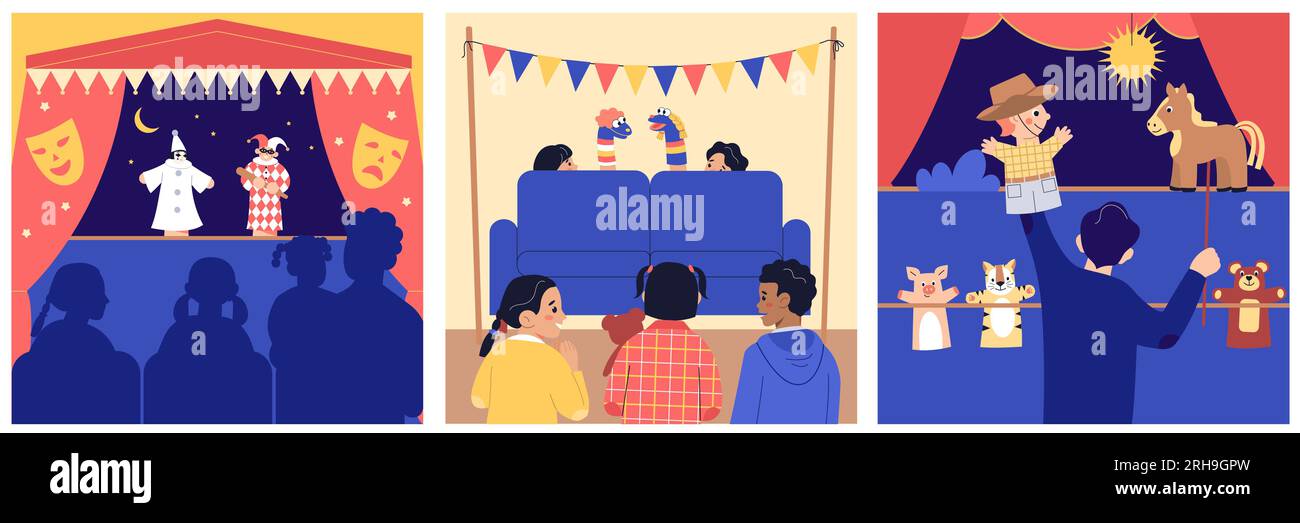 Puppet show theatre set with square compositions of theatrical