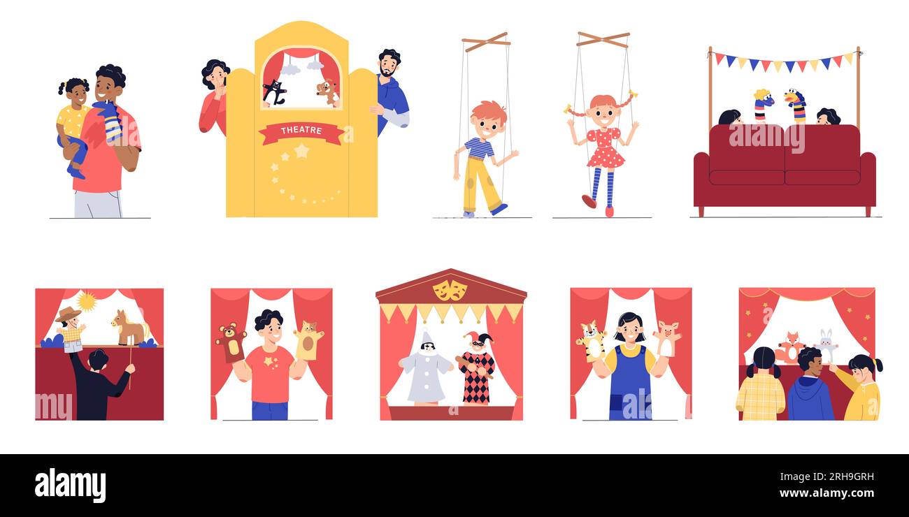 Puppet show theatre flat set of isolated compositions showing artists