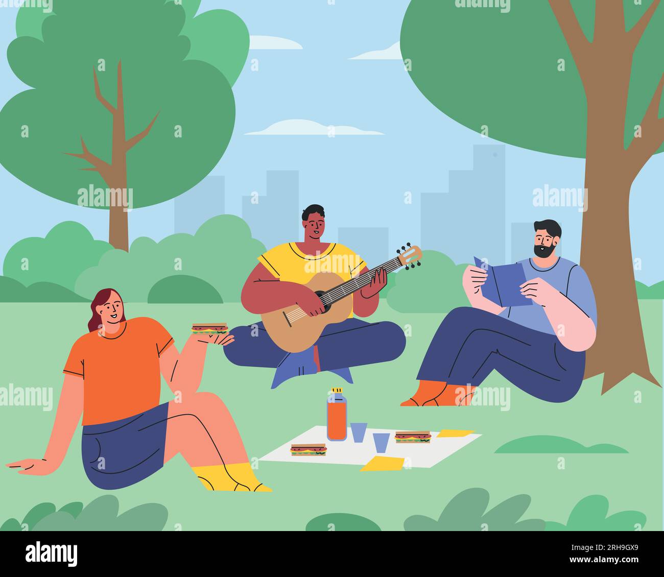 People in the park. Summer vacation and picnic. A man plays the guitar