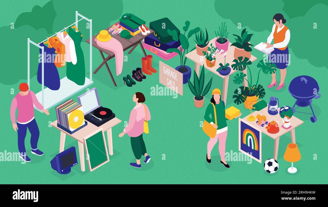 Garage sale isometric composition with people choosing plants clothing shoes vinyl records toys and other goods in yard vector illustration Stock Vector