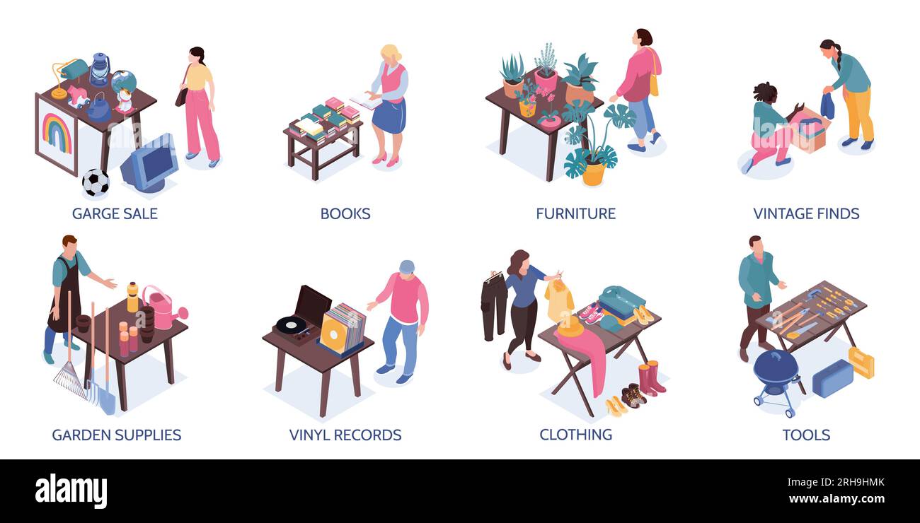 Garage sale set of compositions with people selling books furniture