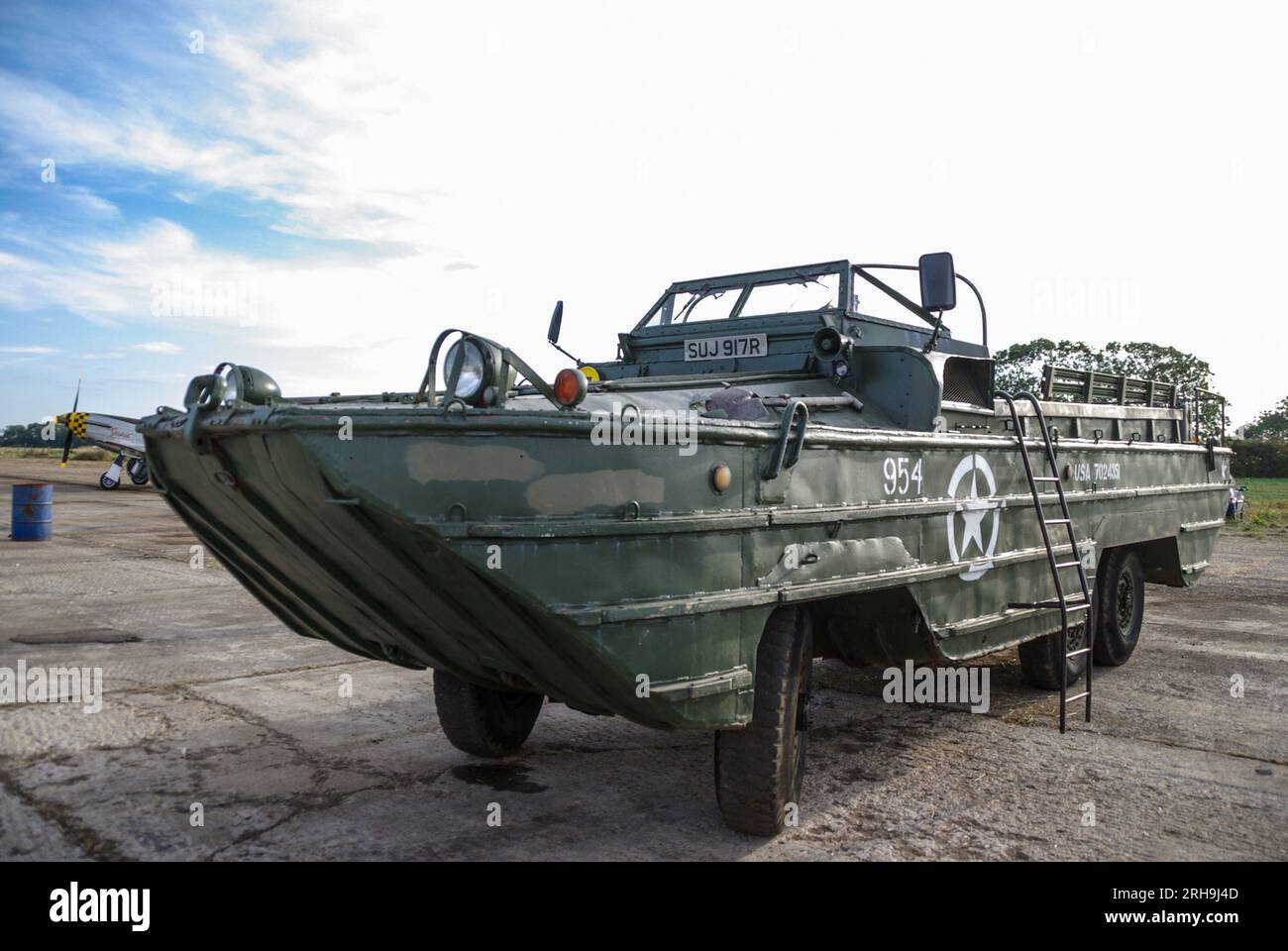 American DUKW amphibious vehicle at a wings & wheels event at the rural airfield of Shipdham, formerly WWII RAF Shipdham, in Norfolk, UK. GMC truck Stock Photo