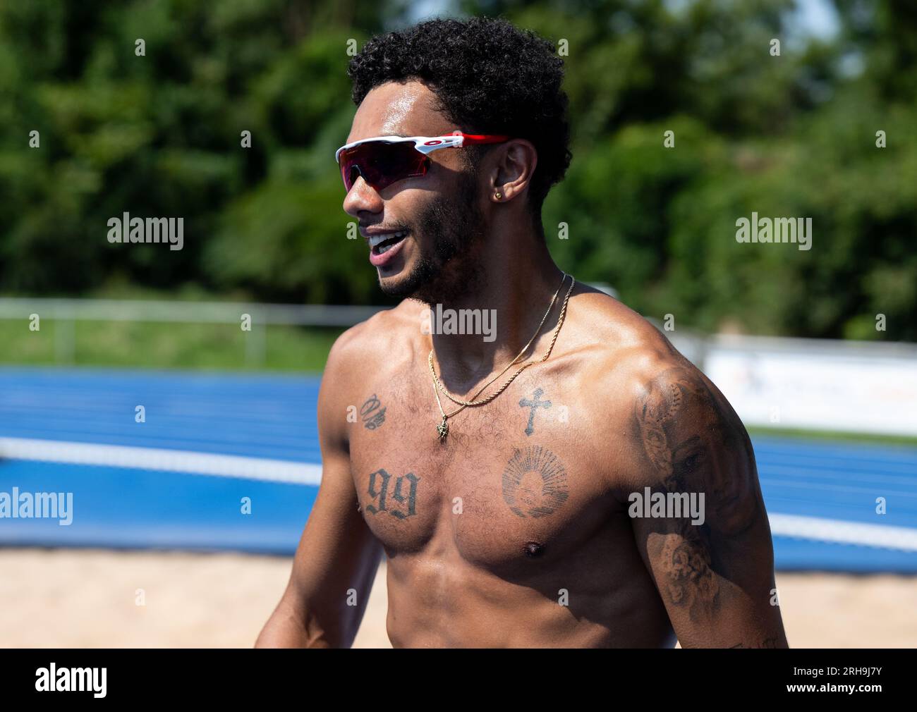 Erding, Germany. 15th Aug, 2023. Joshua Hartmann, sprinter, takes part in  the German track and field team's media day ahead of the World  Championships in Budapest. The team is preparing in Erding, image size:1300x1010