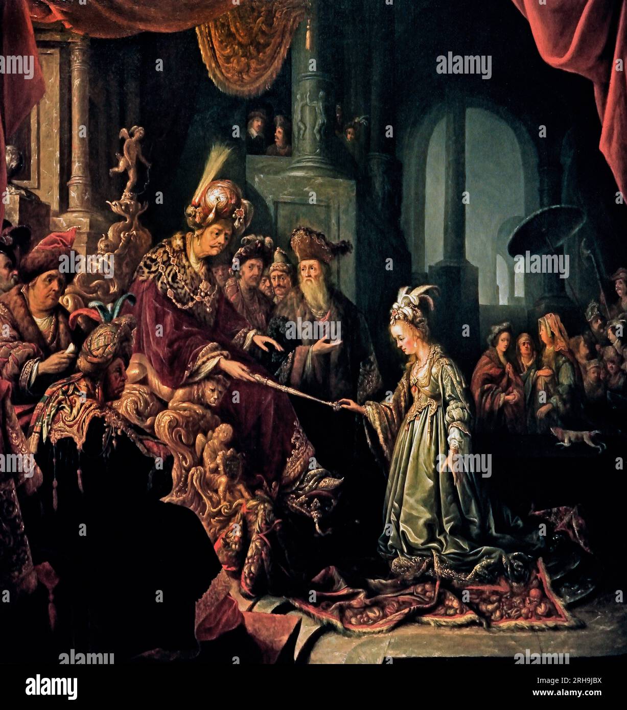 Jan Adriaensz van Staveren (Leiden 1613/14 – 1669 Leiden) Esther before Ahasuerus, ca. 1640–45   Dutch, The Netherlands, Holland. During  Babylonian captivity of the Jews beautiful Jewish orphan Esther, heroine Book of Esther, won the heart of the austere Persian king Ahasuerus and became his wife . Esther had been raised by her cousin Mordecai, who made Esther swear that she would keep her Jewish identity a secret from her husband.  Ahasuerus appointed minister the anti-Semite Haman, who issued a decree to kill all Jews, Mordecai begged Esther to reveal her Jewish heritage to Ahasuerus . Stock Photo