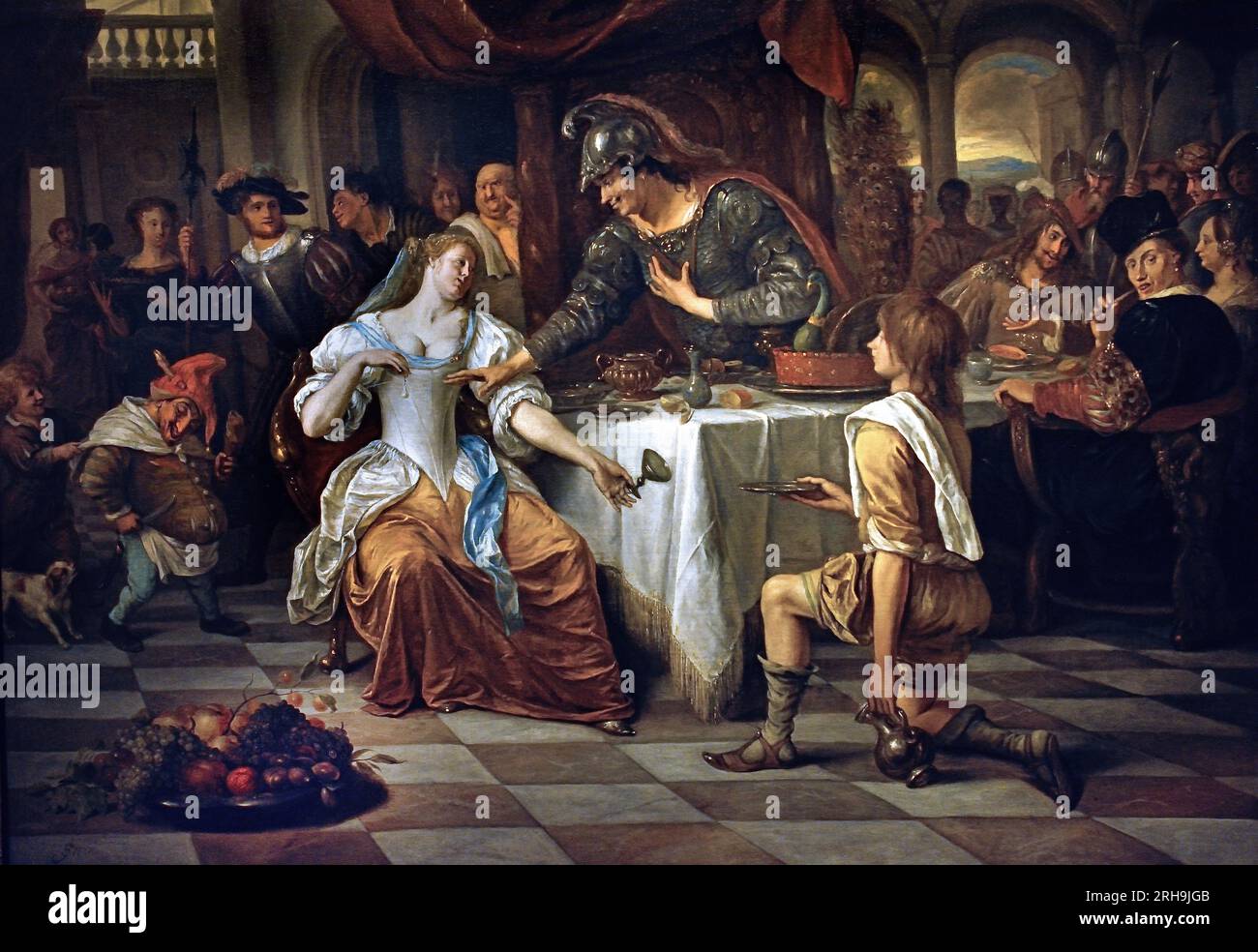 Banquet of Roman General Mark Anthony and Cleopatra (Egyptian Queen)  1673-1675.  Jan Steen 1626 - 1679  Dutch Netherlands,  Dutch, The Netherlands, Holland. ( Historical story with both gravity and humour. Cleopatra (69–30 BC) was the last active Ptolemaic Queen - Ruler of Egypt before it became a Roman province. Stock Photo