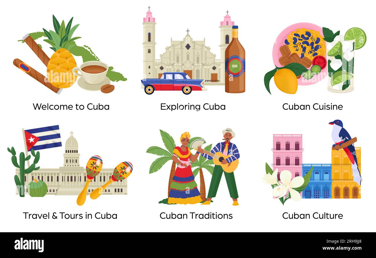 Cuba travel compositions set with cuisine culture and tradition elements isolated flat vector illustration Stock Vector