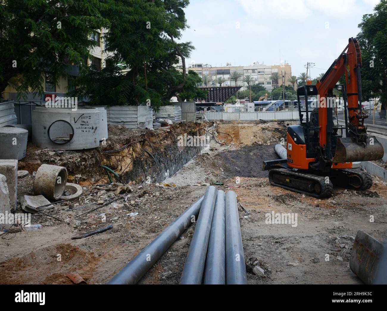 Israel Building Projects July 2023, Tel-Aviv Israel. Light rail construction in the city center ...