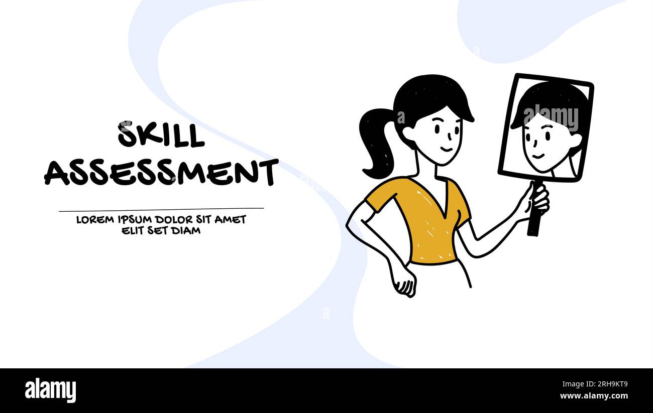Self assessment concept. Vector of a young woman looking in a mirror