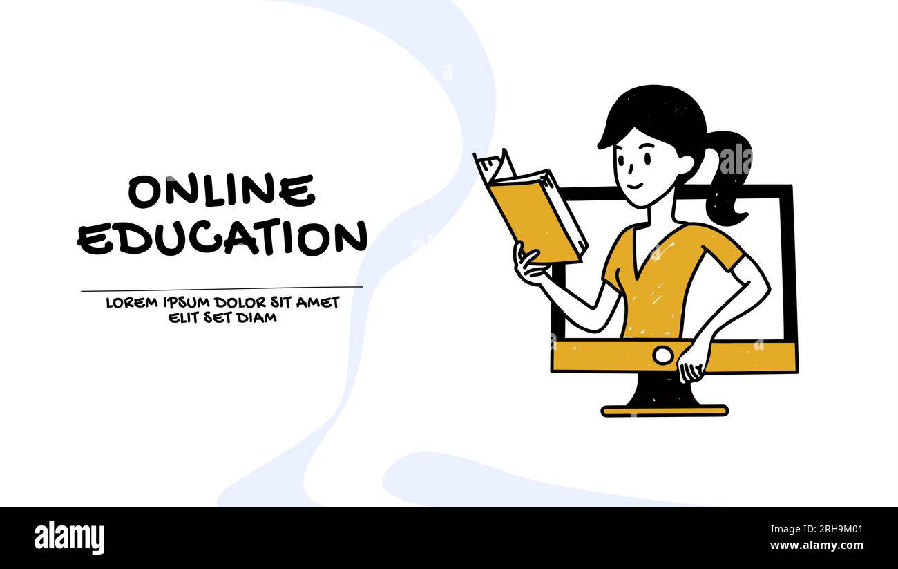 Online education concept. Vector of a young woman reading a book studying online Stock Vector