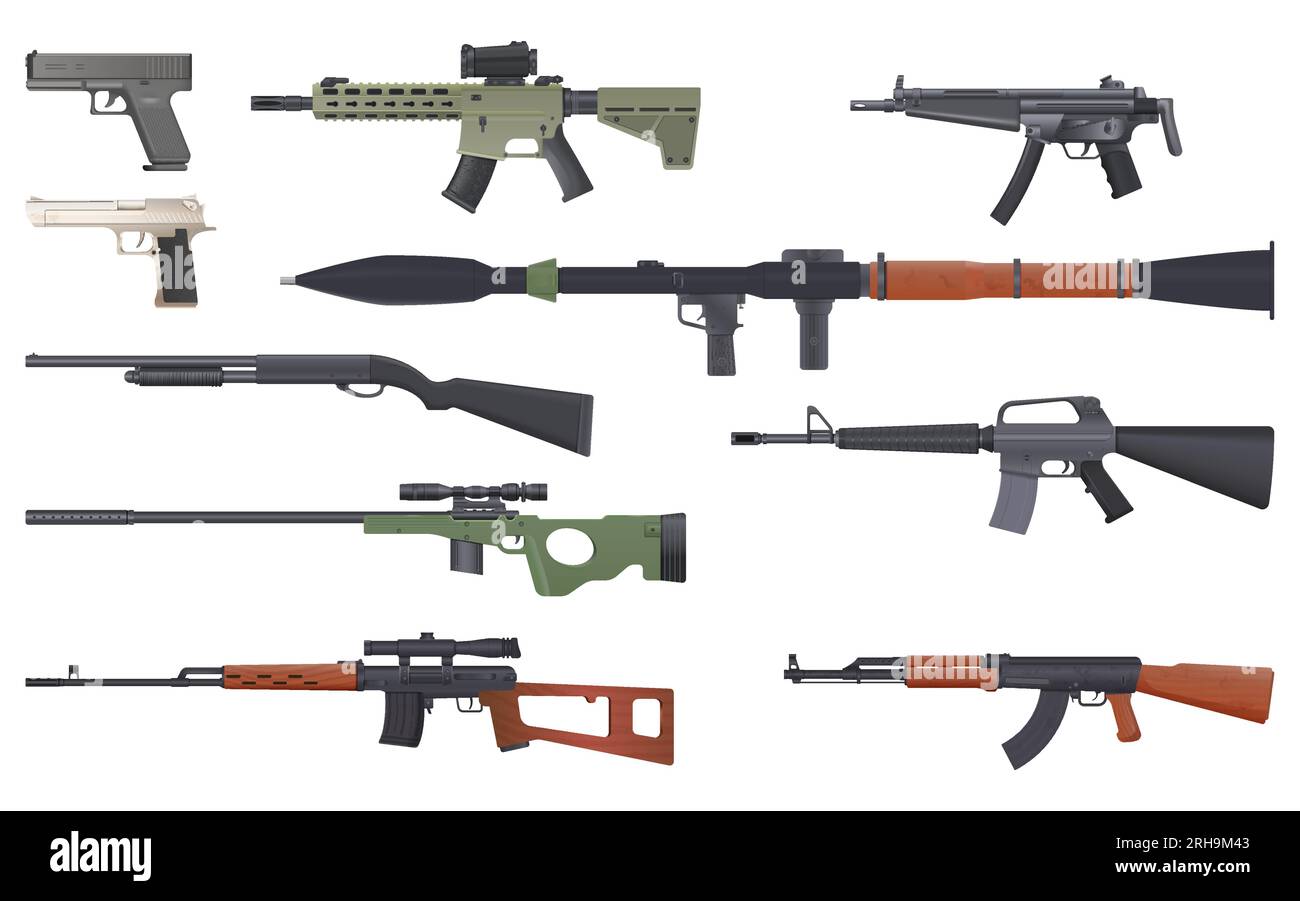 Weapon war realistic set of isolated icons with various types of guns