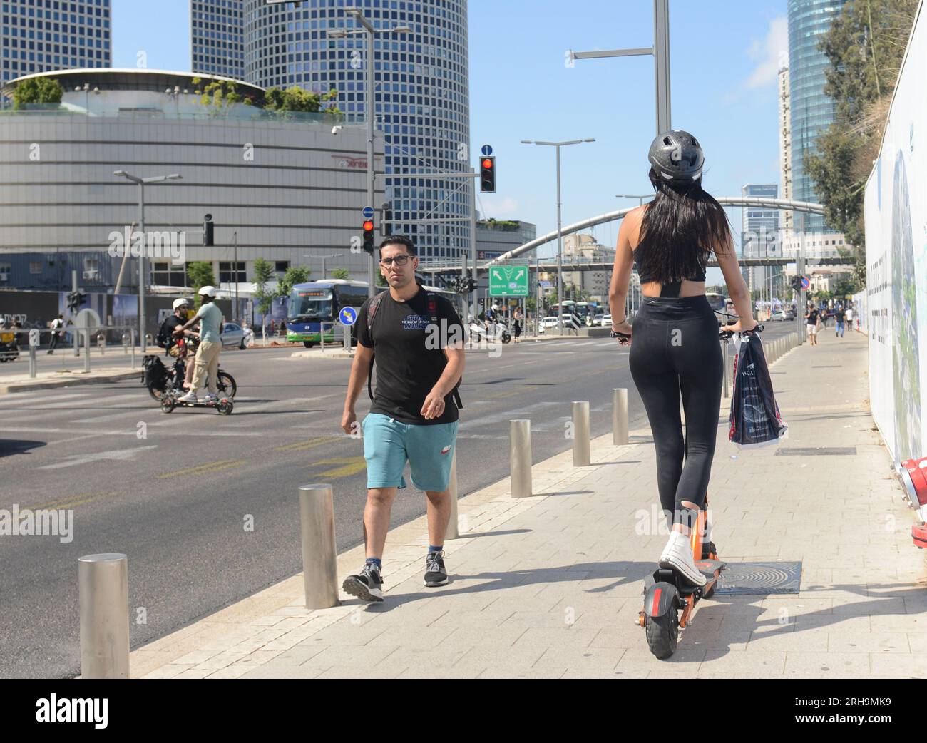 Electric scooters are a popular mode of transport in Tel-Aviv, Israel. Stock Photo