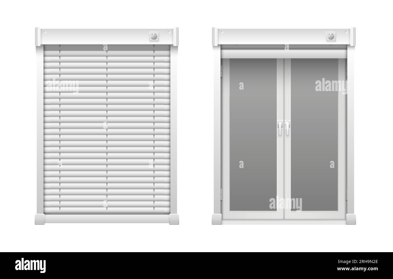 Realistic window blinds set with two isolated front views of window with drawn and undrawn