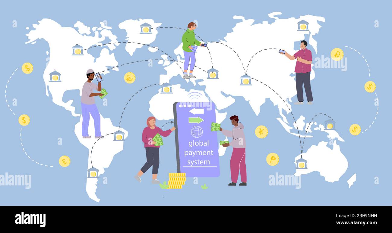Global payment system flat infographics with people living in different countries making