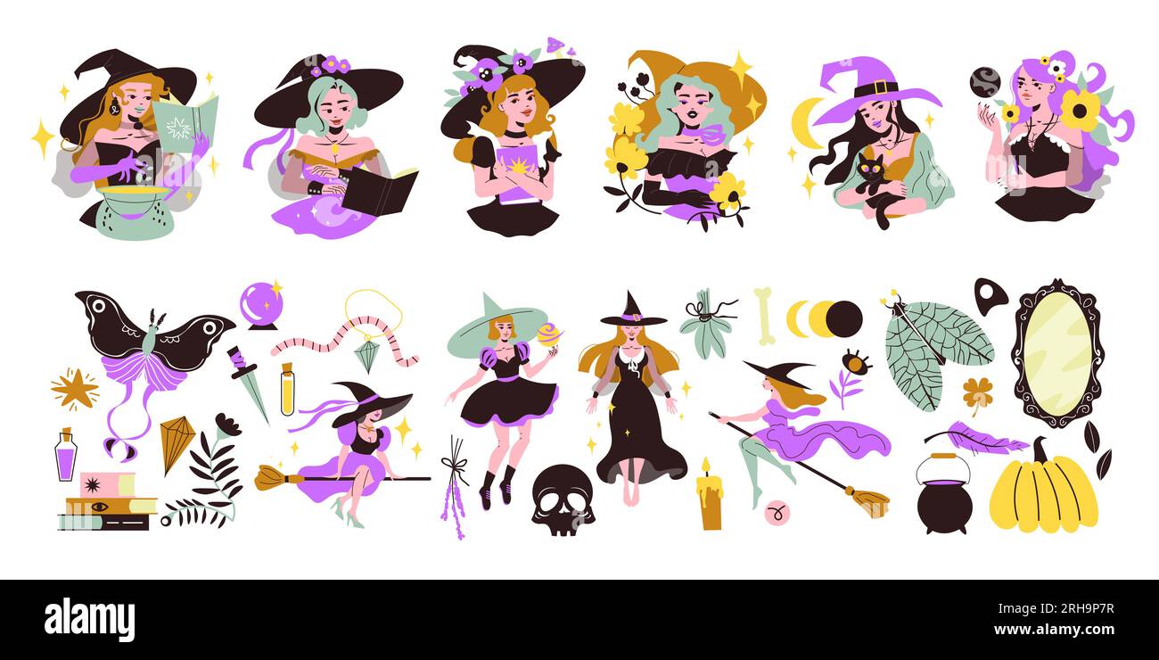 Flat set of witchcraft tools and young beautiful witches reading magical books making potions flying on broom isolated vector illustration Stock Vector