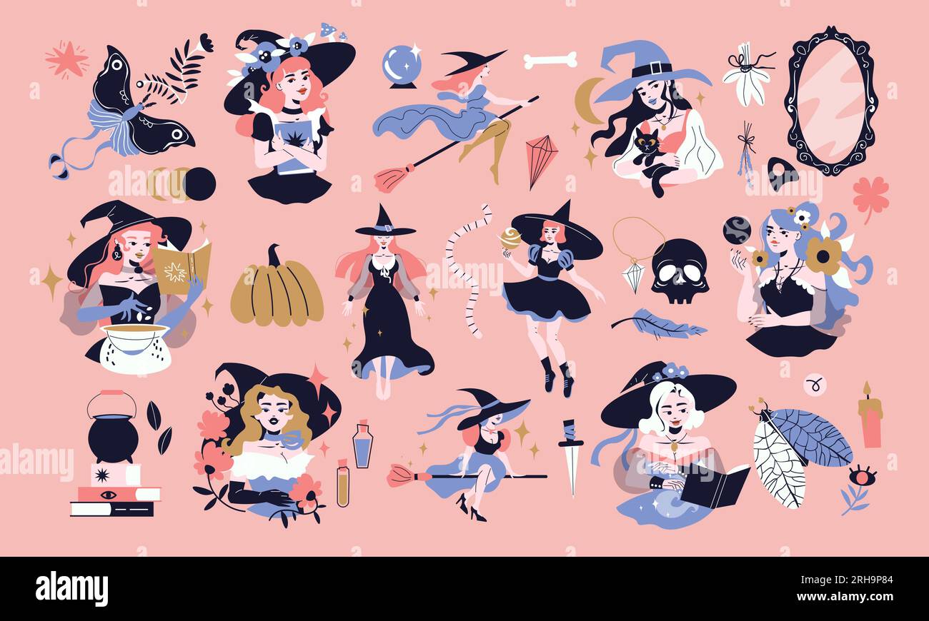 Flat set of young witches using various magical tools isolated on pink background vector illustration Stock Vector