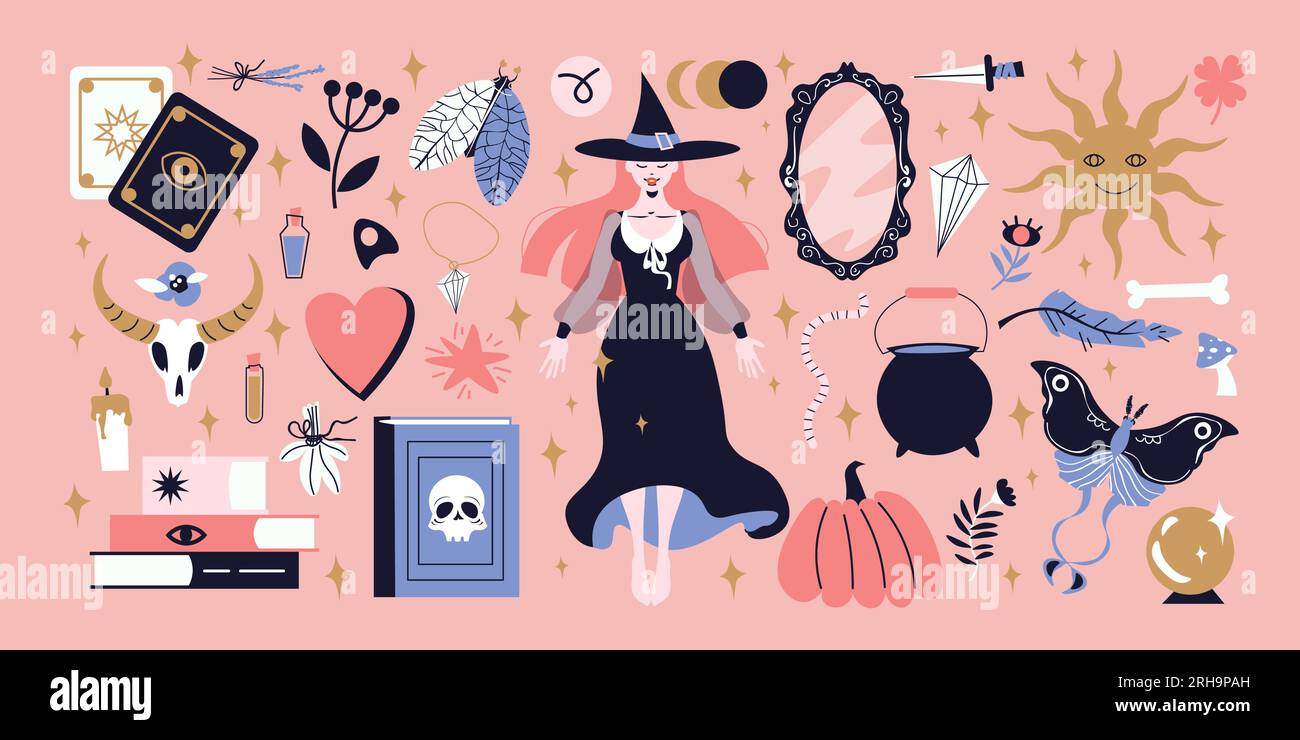 Big flat set of various magical and occult objects and young witch wearing black dress and hat on pink background isolated vector illustration Stock Vector