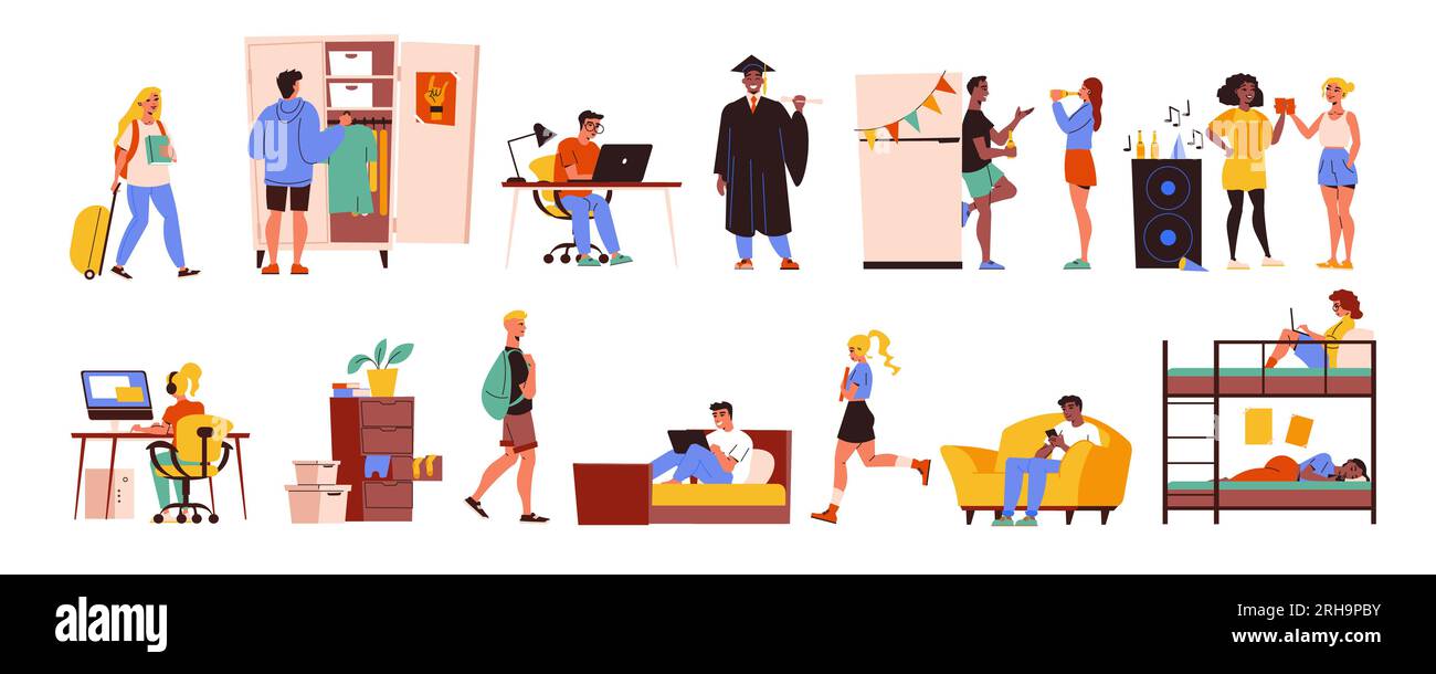 College dormitory interior set with student daily life scenes flat ...