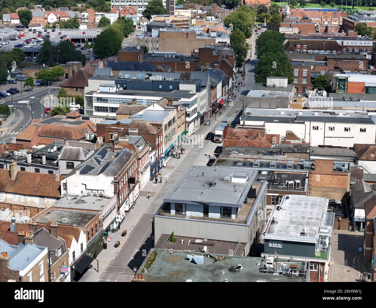 High Street Brentwood  Essex UK Town centre drone Aerial Stock Photo
