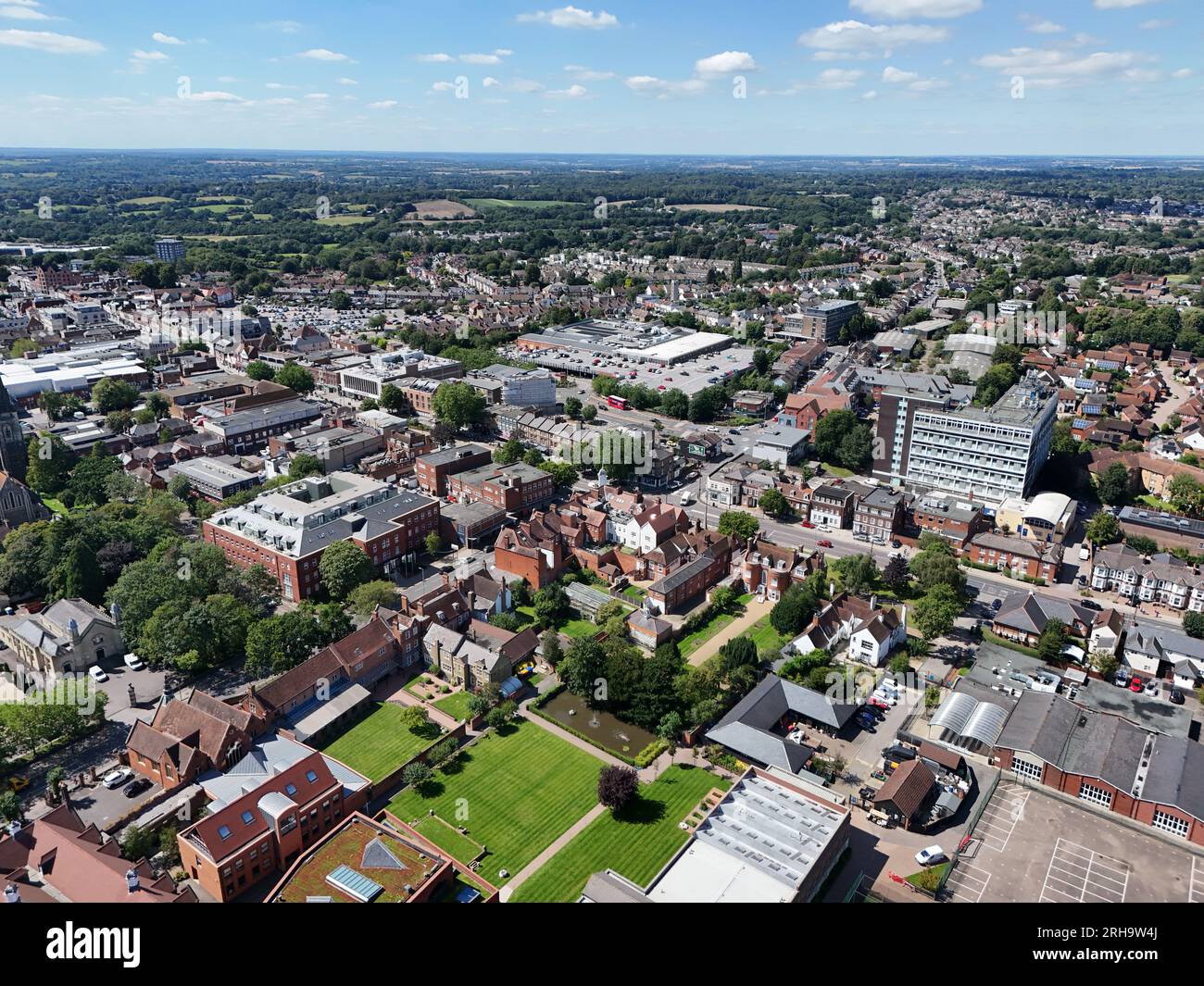 Brentwood  Essex UK Town centre high angle establishing aerial shot Stock Photo