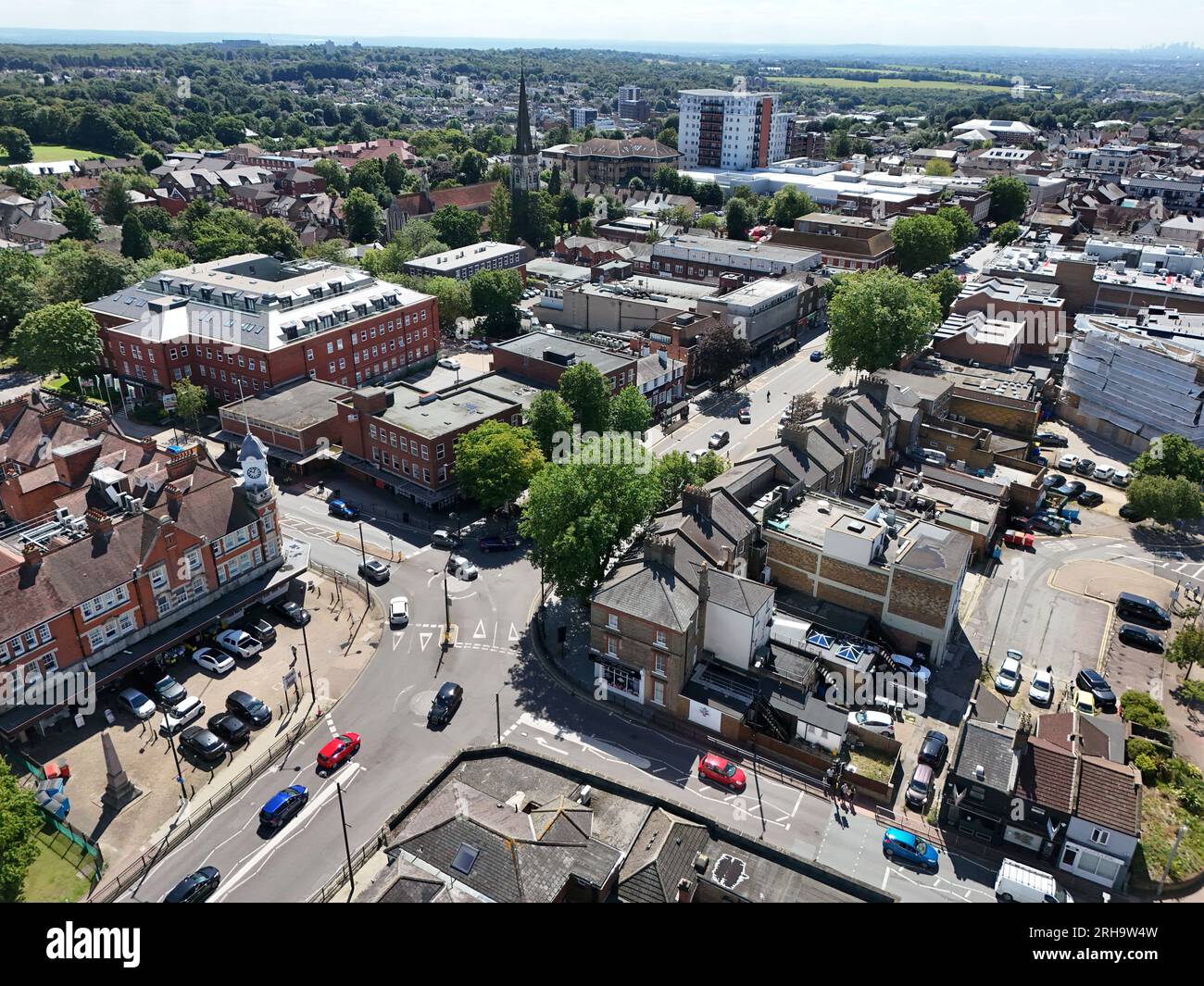 Mini roundabout Brentwood  Essex UK Town centre drone Aerial Stock Photo