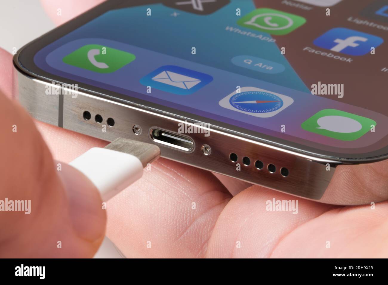 Antalya, Turkey - August 15, 2023. Apple iPhone and Usb-c or Type-C Wired Charger. EU forces all devices to use Usb-c or Type-C Stock Photo