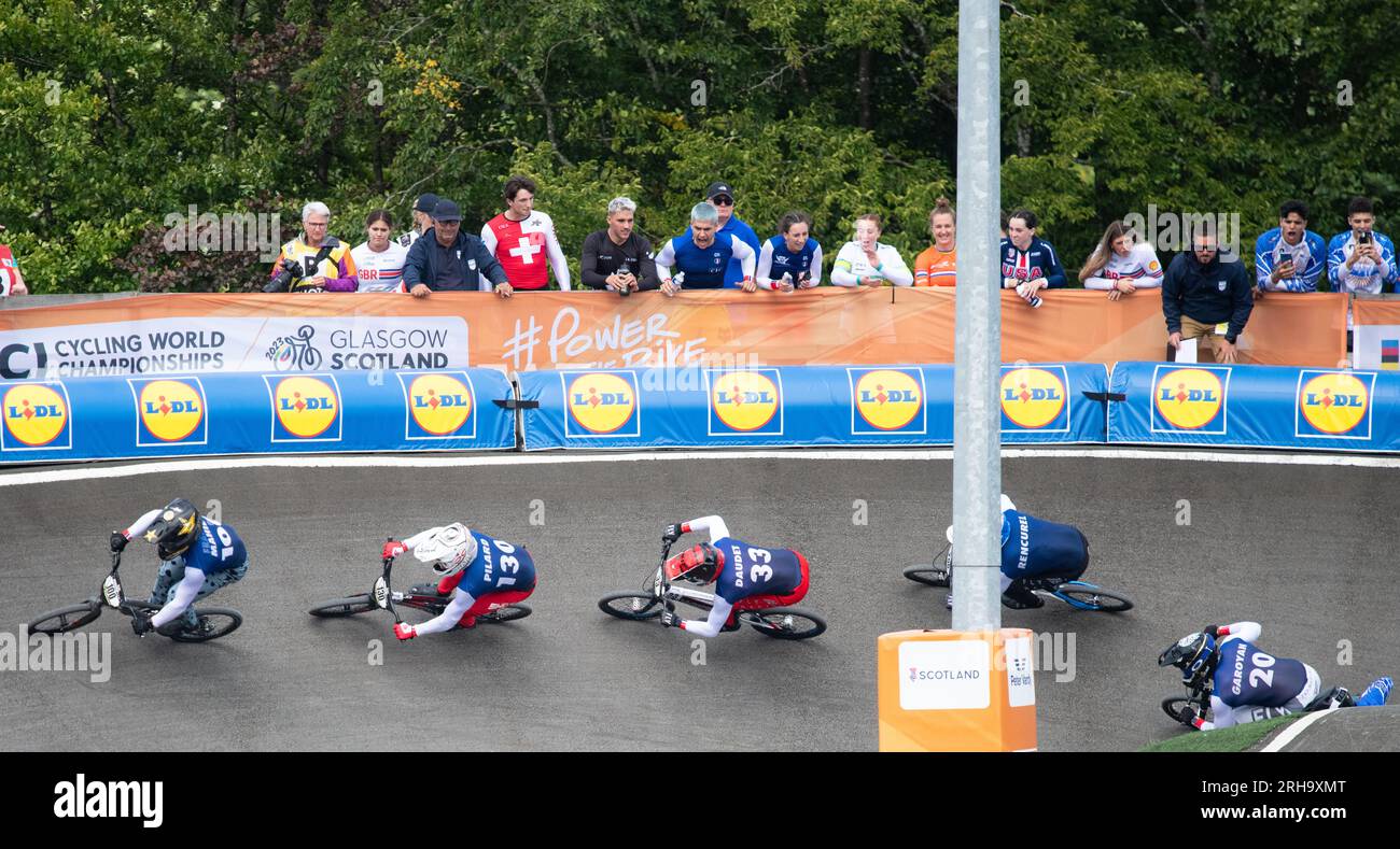 UCI Cycling World Championships 2023 BMX Racing - French Mens elite riders dominated the final with a podium clean sweep and Romain Mahieu gold Stock Photo