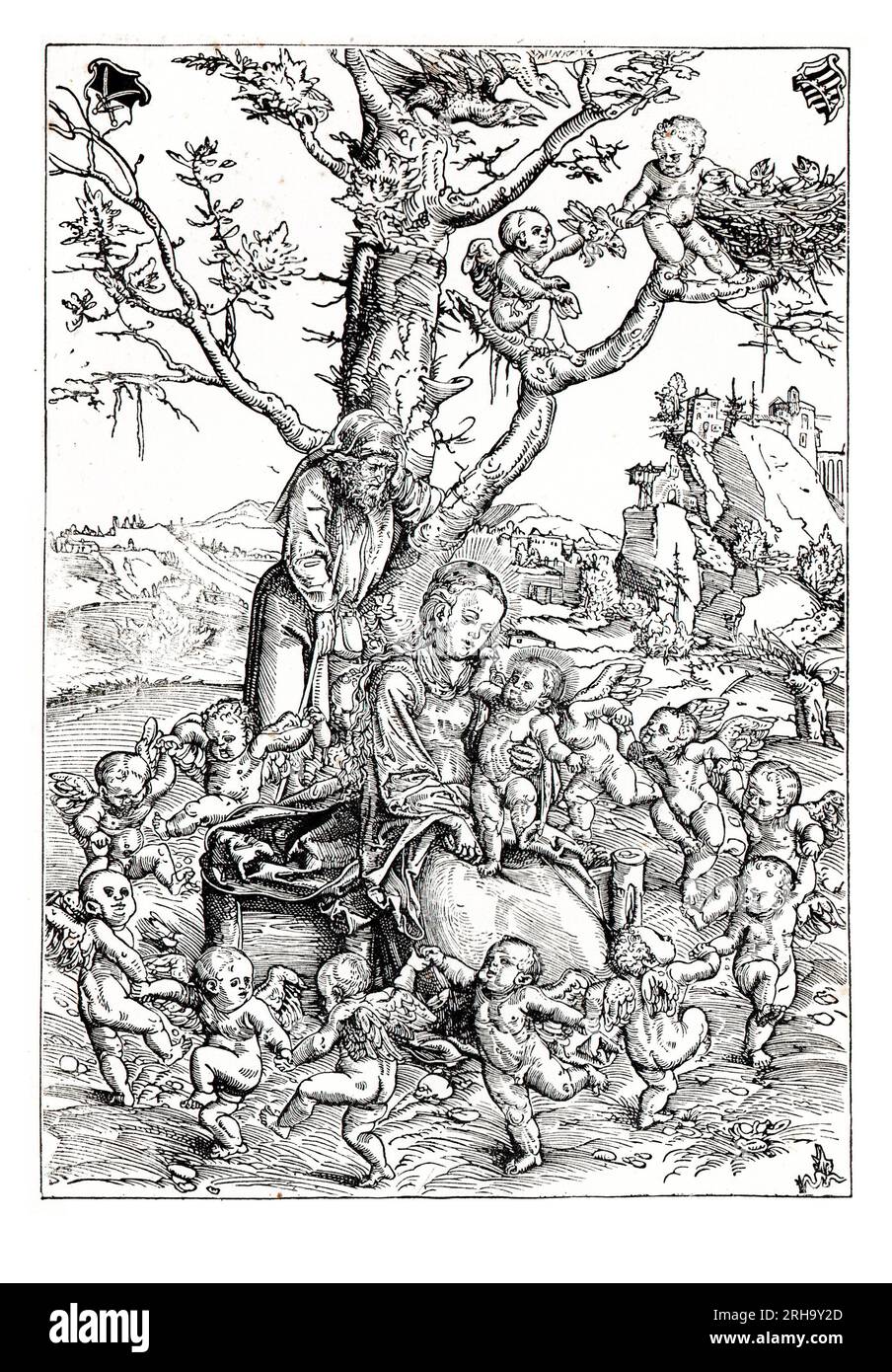 The Repose in Egypt with Dancing Angels. Engraving after Luca Cranach. By the robbery of the nest in the tree, the painter ingeniously points to the Massacre of the Innocents which caused the Flight into Egypt. From Lives of the Saints by Sabin Baring-Gould. Stock Photo