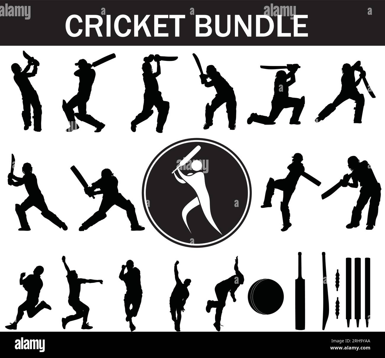 Cricket Silhouette Bundle | Collection of Cricket Players with Logo and Cricket Equipment Stock Vector