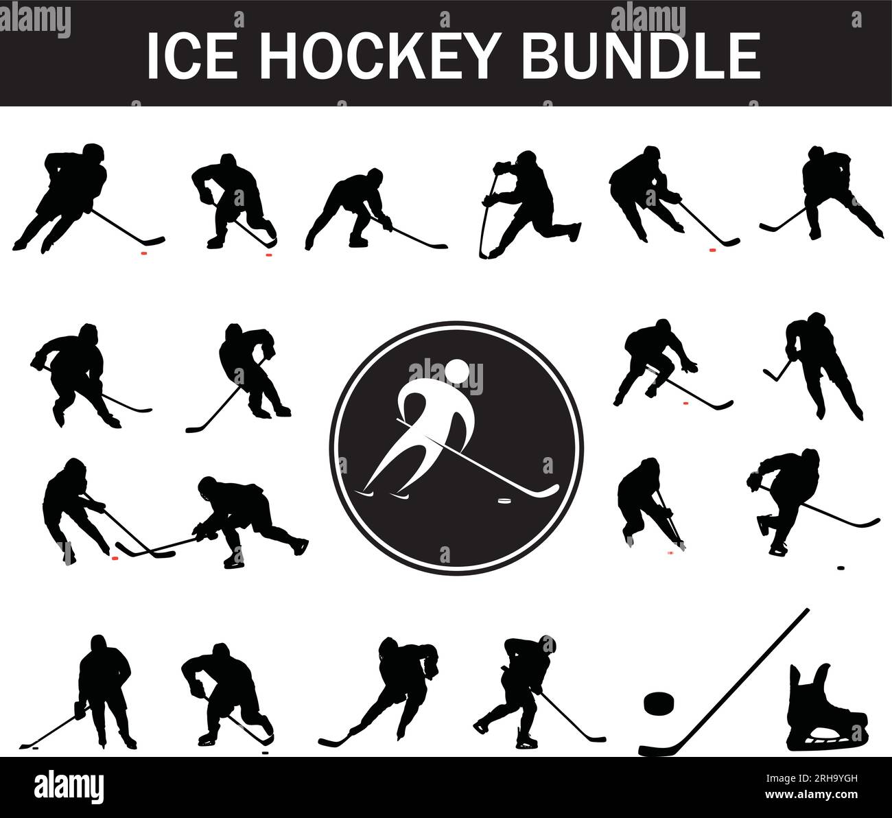 Ice Hockey Silhouette Bundle | Collection of Ice Hockey Players with Logo and Ice Hockey Equipment Stock Vector