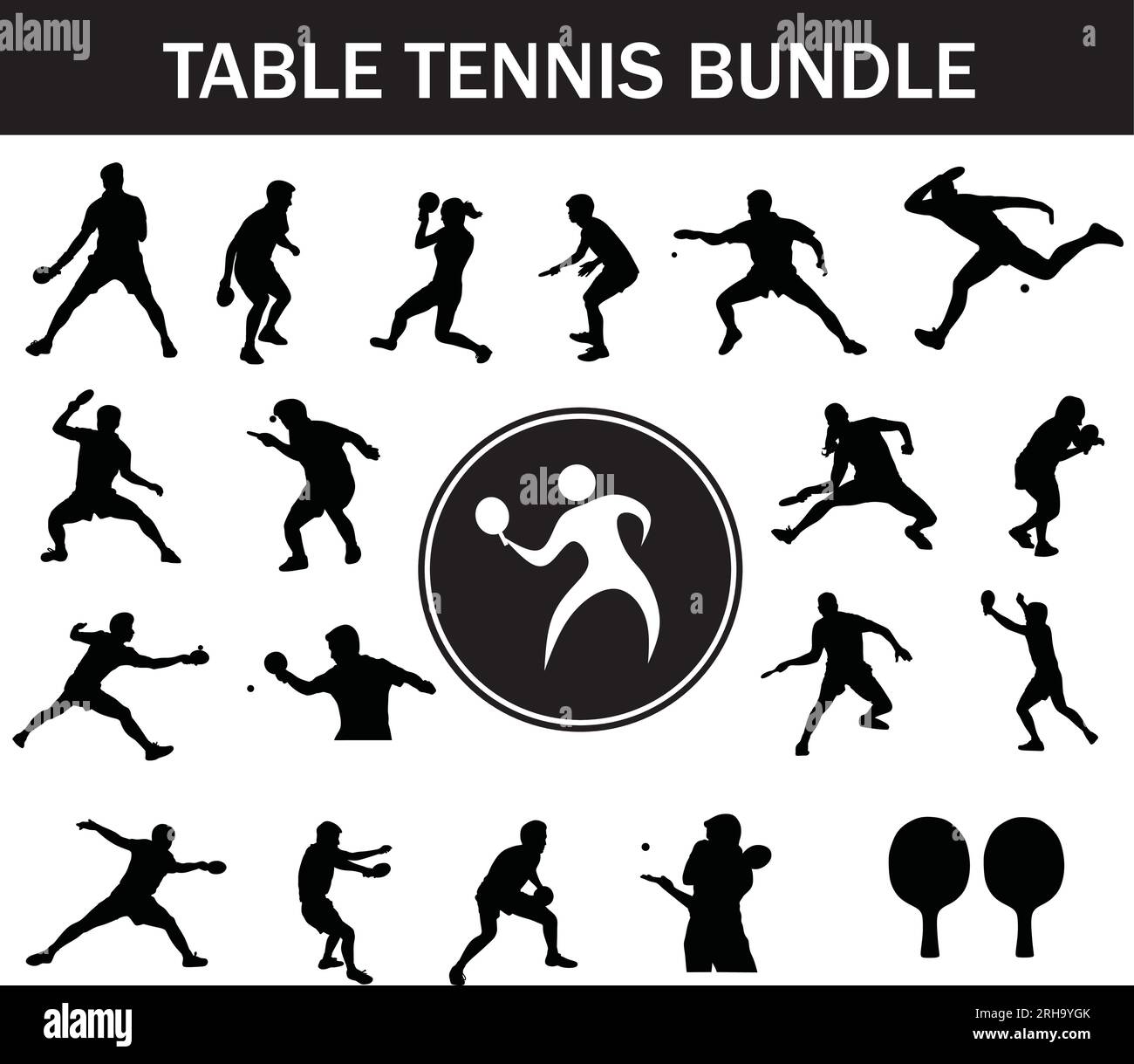 Table Tennis Silhouette Bundle | Collection of Table Tennis Players with Logo and Table Tennis Equipment Stock Vector
