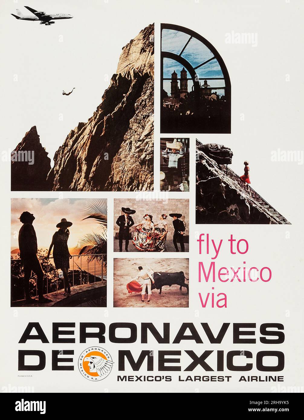Fly to Mexico via Aeronaves de Mexico Poster 1960s. Old Mexican