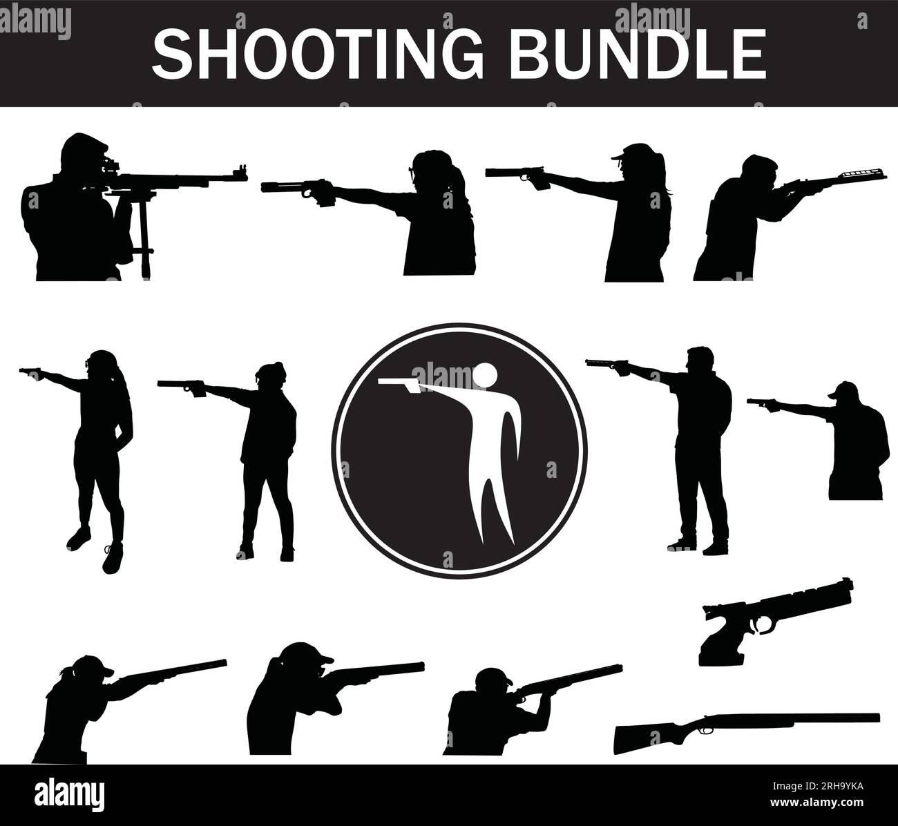 Shooting Silhouette Bundle | Collection of Shooting Players with Logo and Shooting Equipment Stock Vector