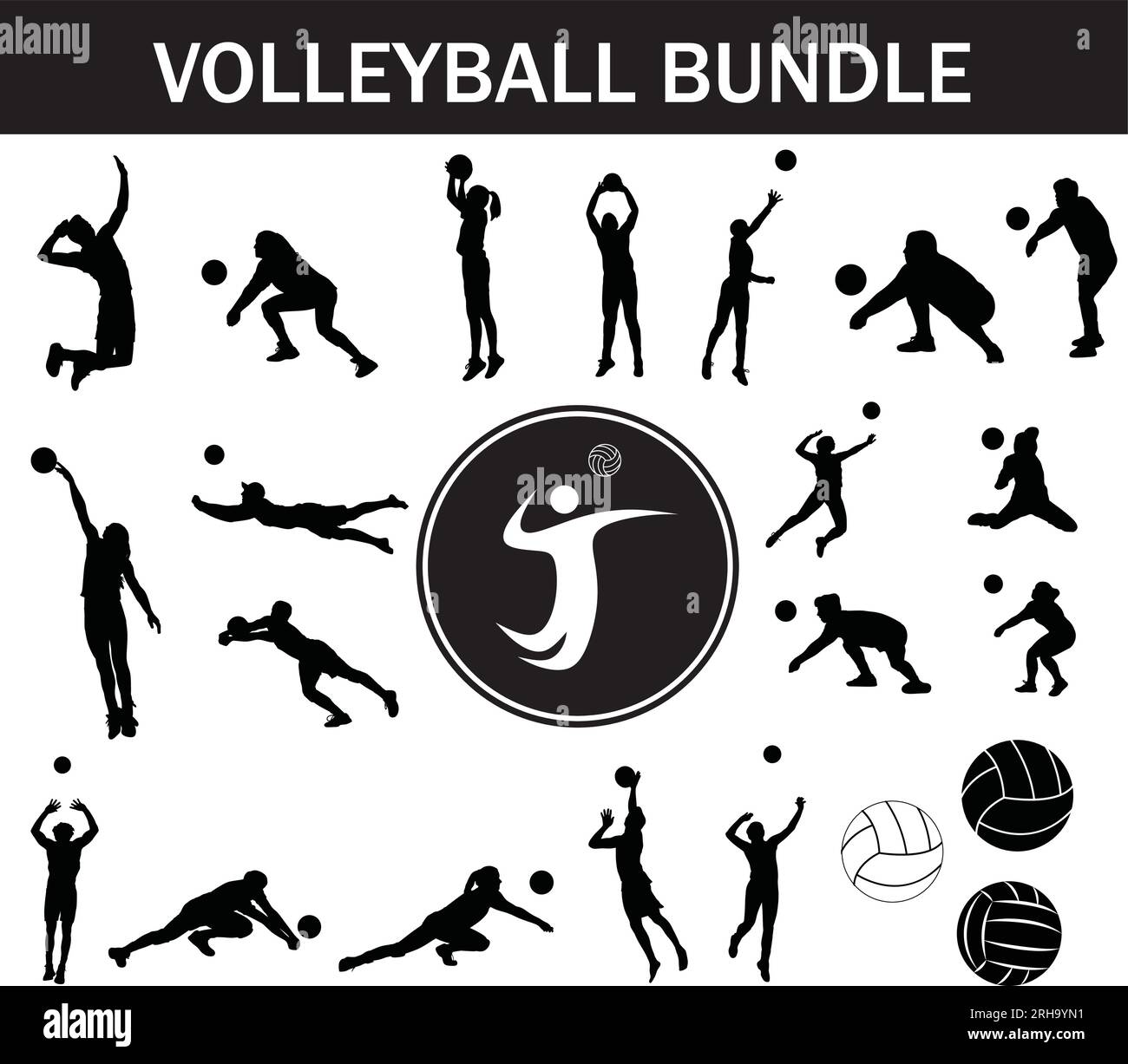 Volleyball Silhouette Bundle | Collection of Volleyball Players with Logo and Volleyball Equipment Stock Vector