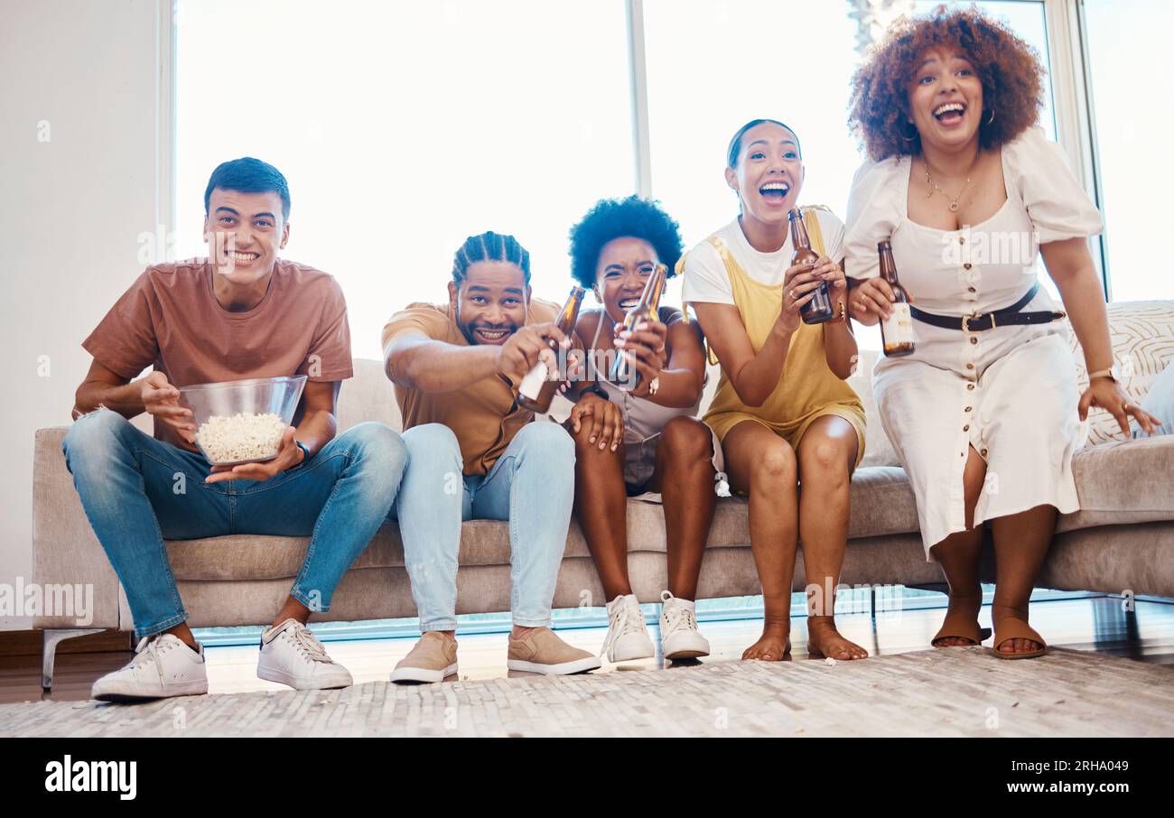 Beer, popcorn and friends watching tv, excited and bonding in home