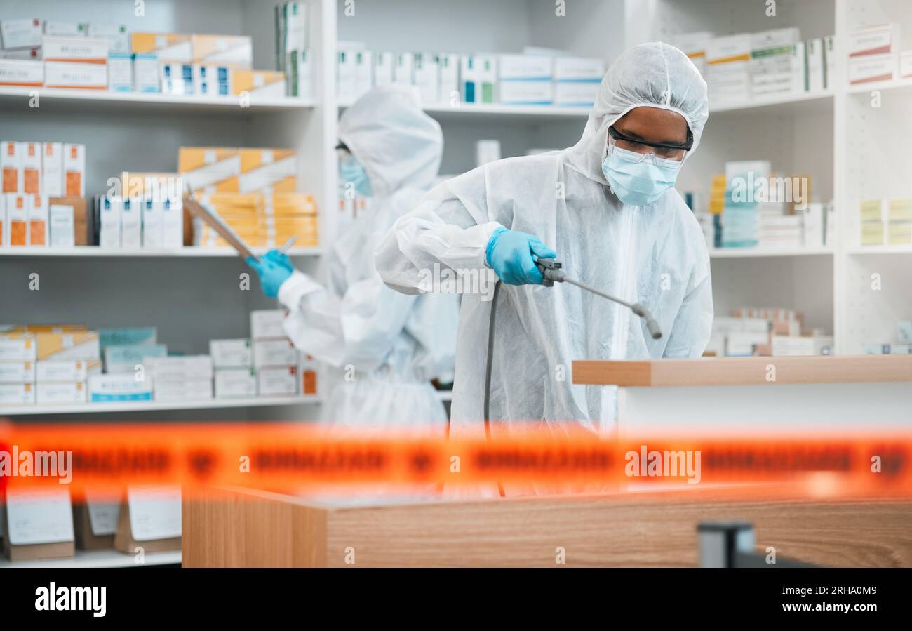 Biohazard, spray and disinfect with people in a pharmacy for