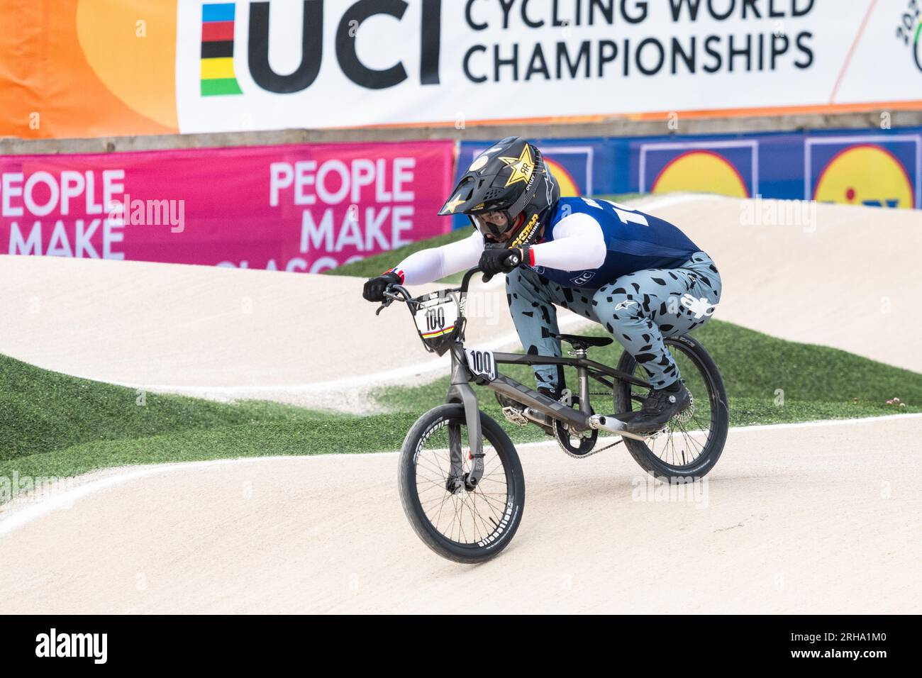 Romain Mahieu of France on his way to his gold medal win at the Men's Elite Finals BMX Race at the UCI Cycling World Championships 2023, Glasgow, UK Stock Photo