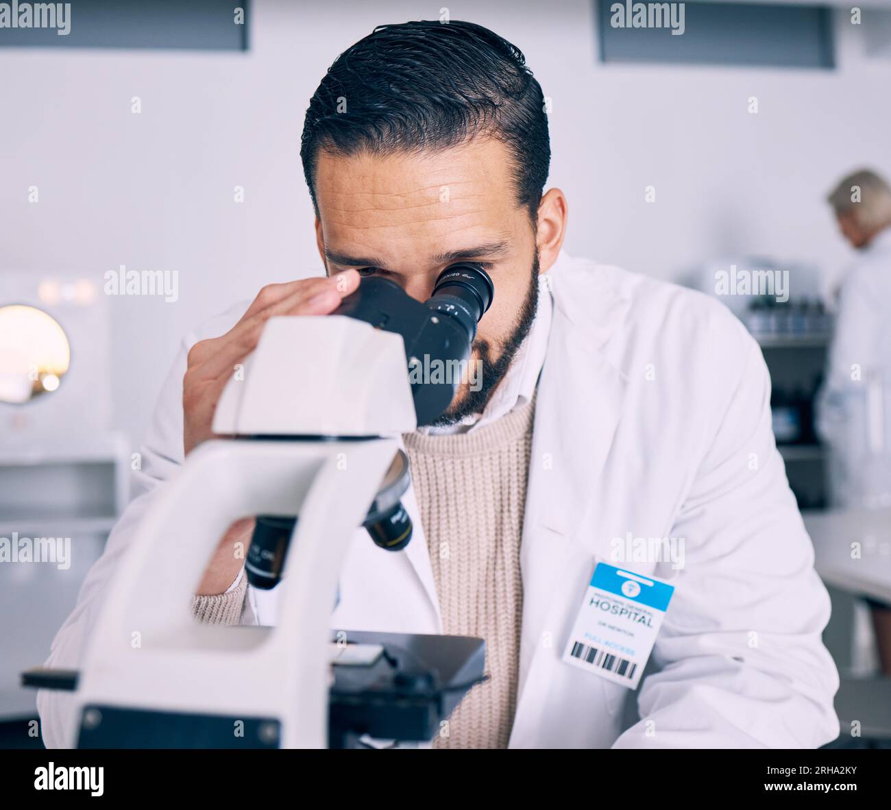 Science man, microscope and test in lab, medical analysis and pharma