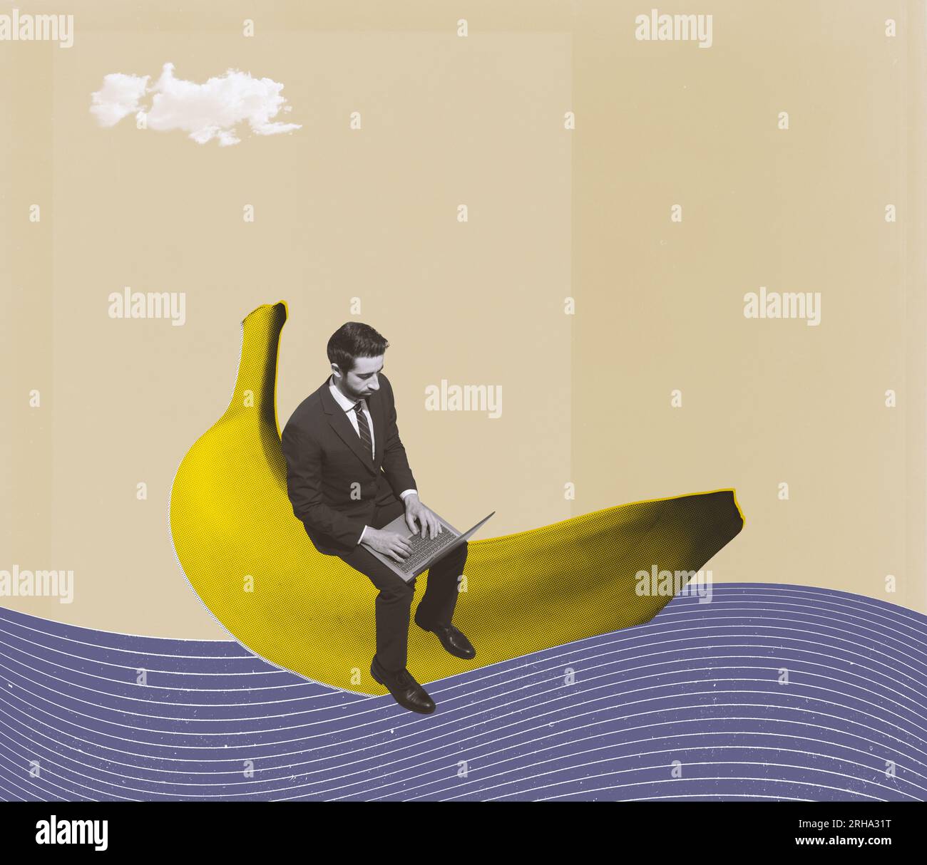 Businessman sitting on a banana and sailing the seas, he is connecting with a laptop, surrealistic vintage collage Stock Photo