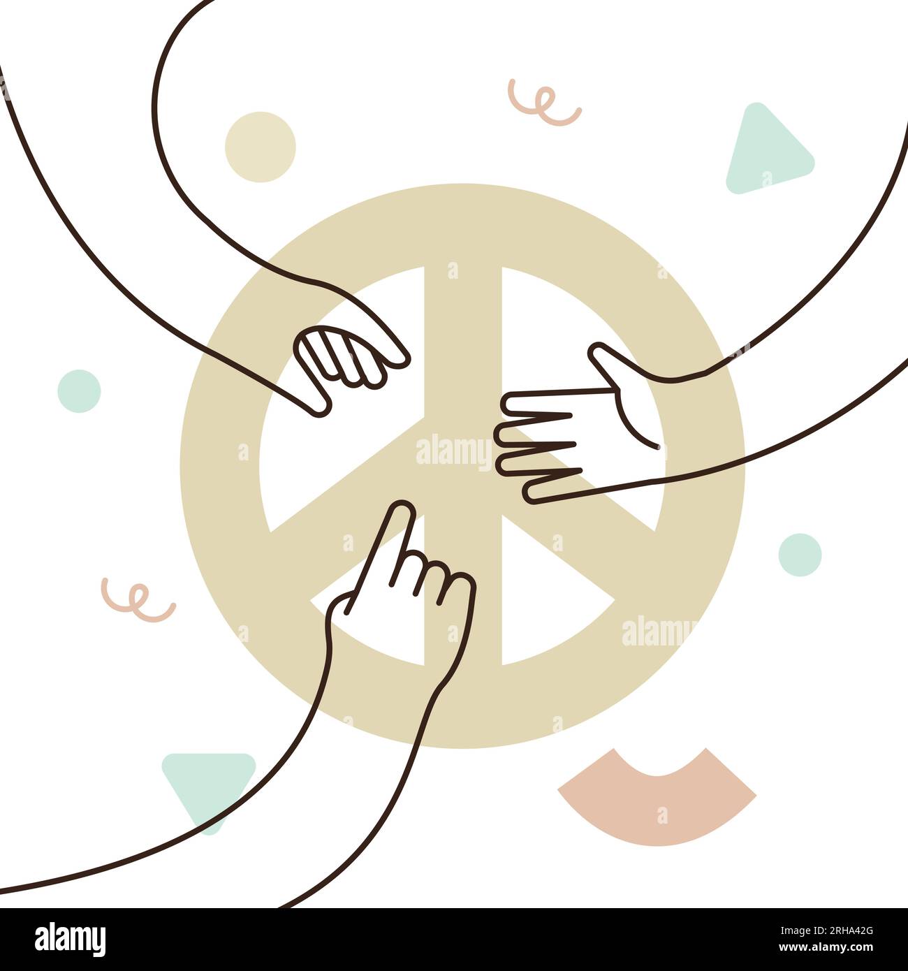 Group of people hands create together the peace symbol vector illustration. Concept of social help, cooperation, collaboration, non-violence, no war. Stock Vector