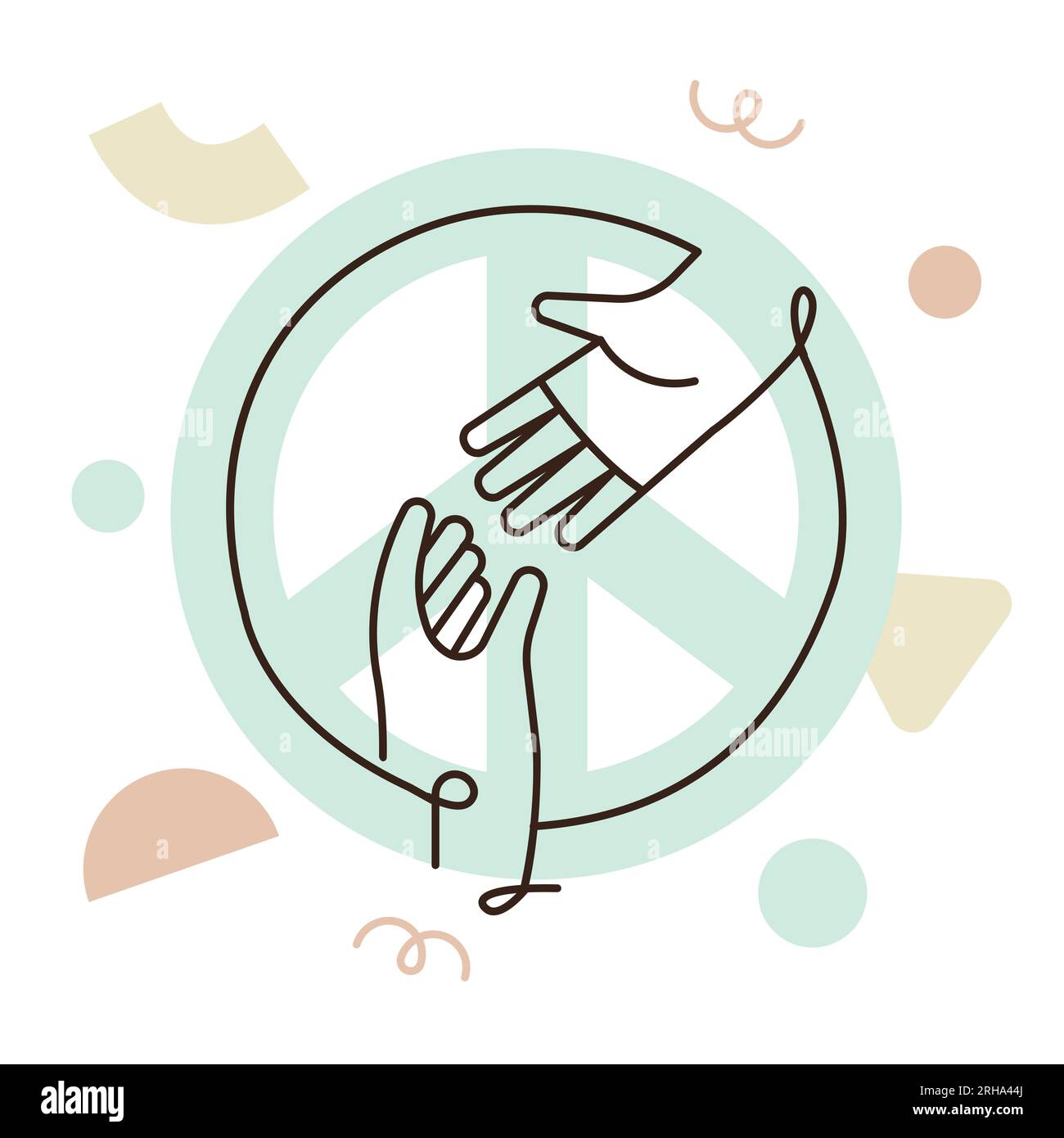 People hands reaching out for each other and peace symbol. Concept of social help, cooperation, non-violence, no war. Modern flat outline style cartoo Stock Vector