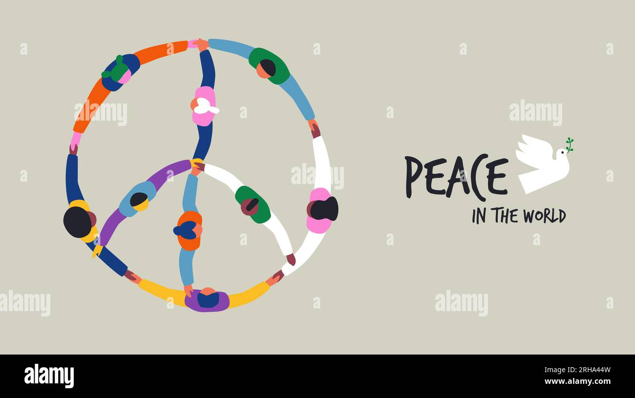 Colorful diverse people group holding hands together in big round circle form the symbol of peace and love. Flat art vector banner illustration to cel Stock Vector