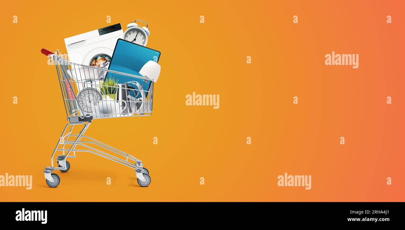 Shopping cart full of household goods, appliances and electronics