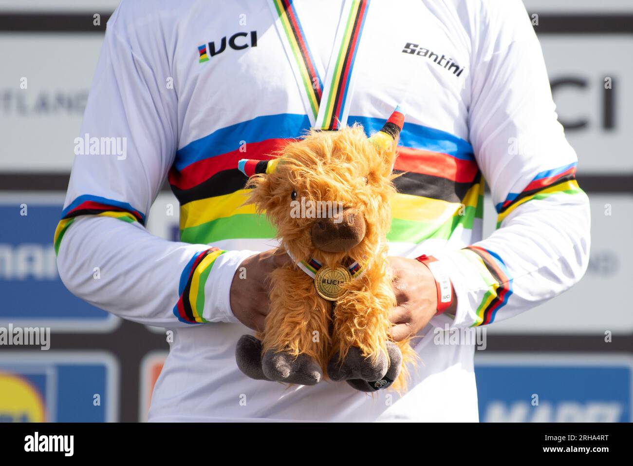 UCI Highland Cow stuff toy gift presented to medal winners at the UCI Cycling World Championships 2023 in Glasgow Scotland UK Stock Photo