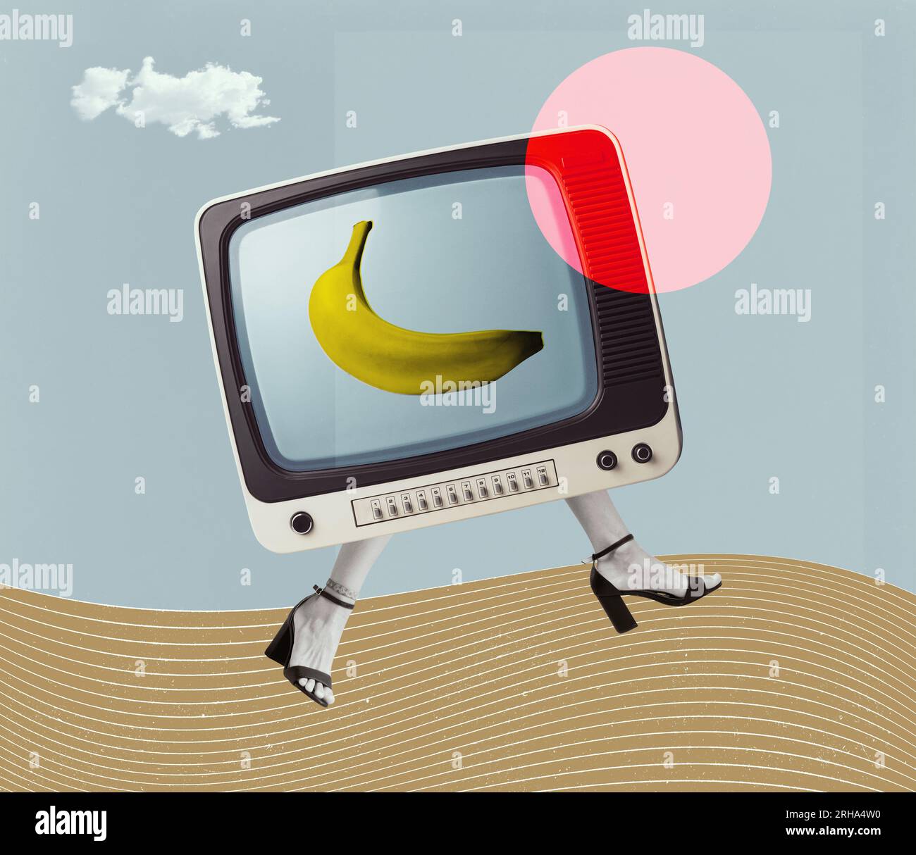 Vintage analog TV walking with human legs and banana on the screen, surrealistic collage poster Stock Photo