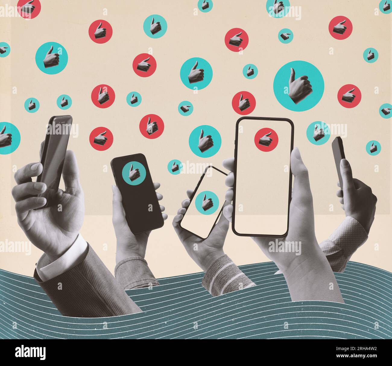 Many social media users connecting online: hands holding smartphones and thumbs up likes, vintage collage design Stock Photo