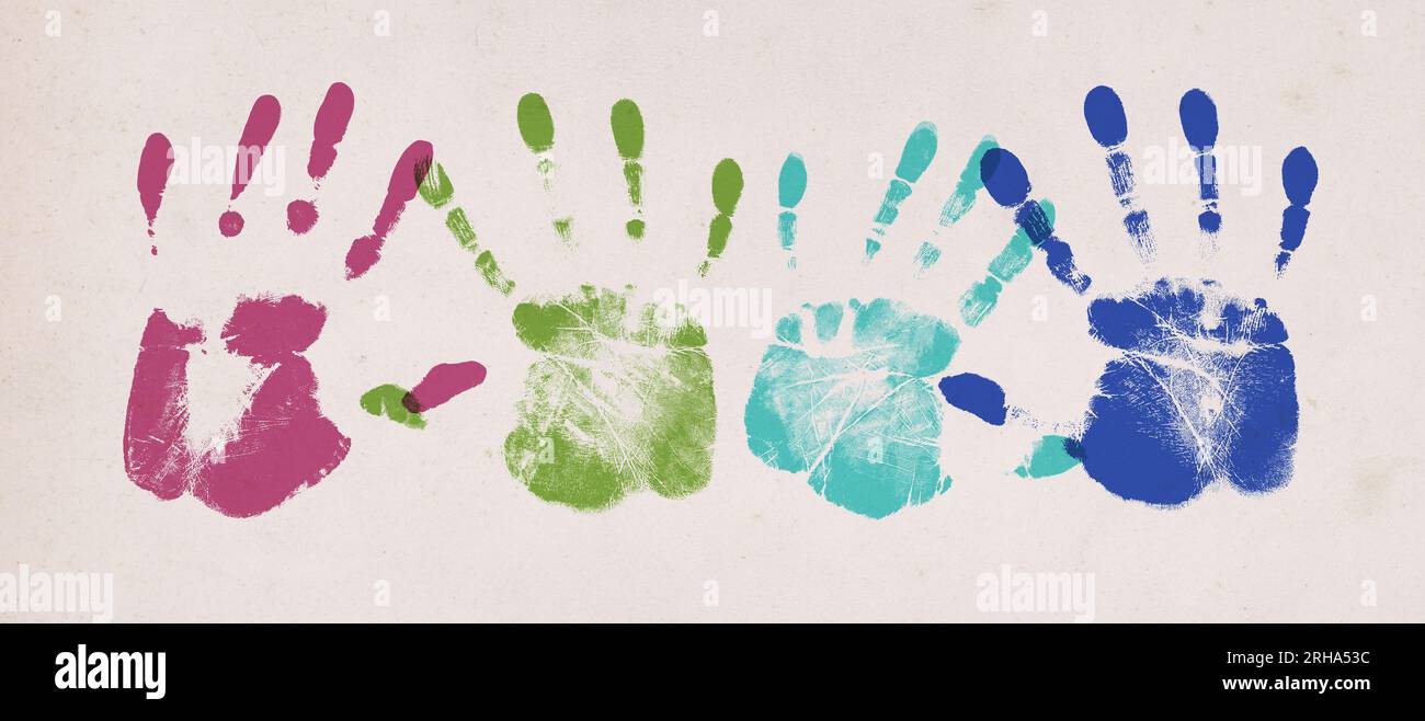 Multicolor hand prints creative collage: togetherness and diversity concept Stock Photo