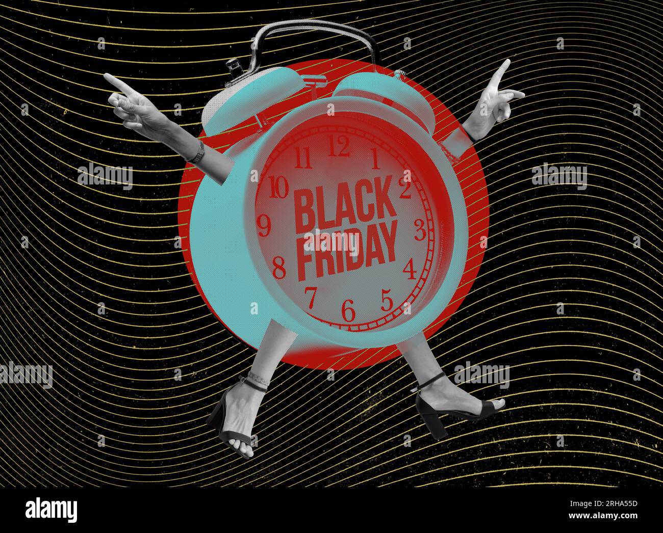 Black Friday sale advertisement with happy female alarm clock character