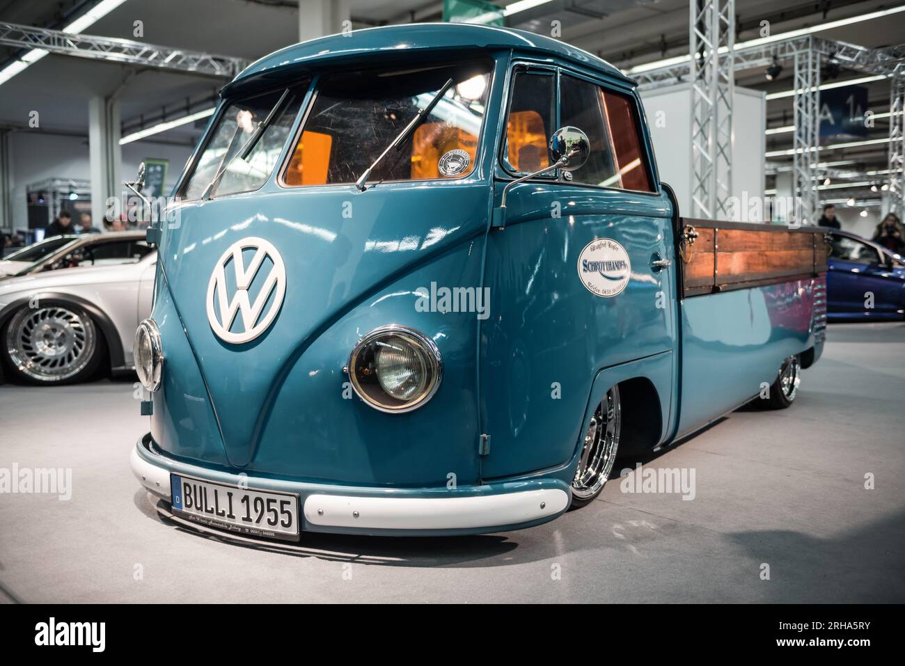 three quarter shot of Volkswagen Transporter pickup. Blue lowered 1950-s VW T1 at car show Stock Photo