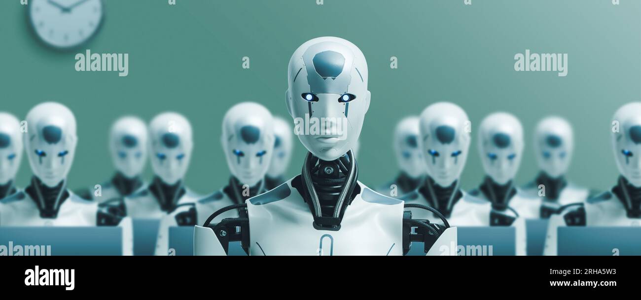 Many identical AI robots sitting at desk in the office and working with ...