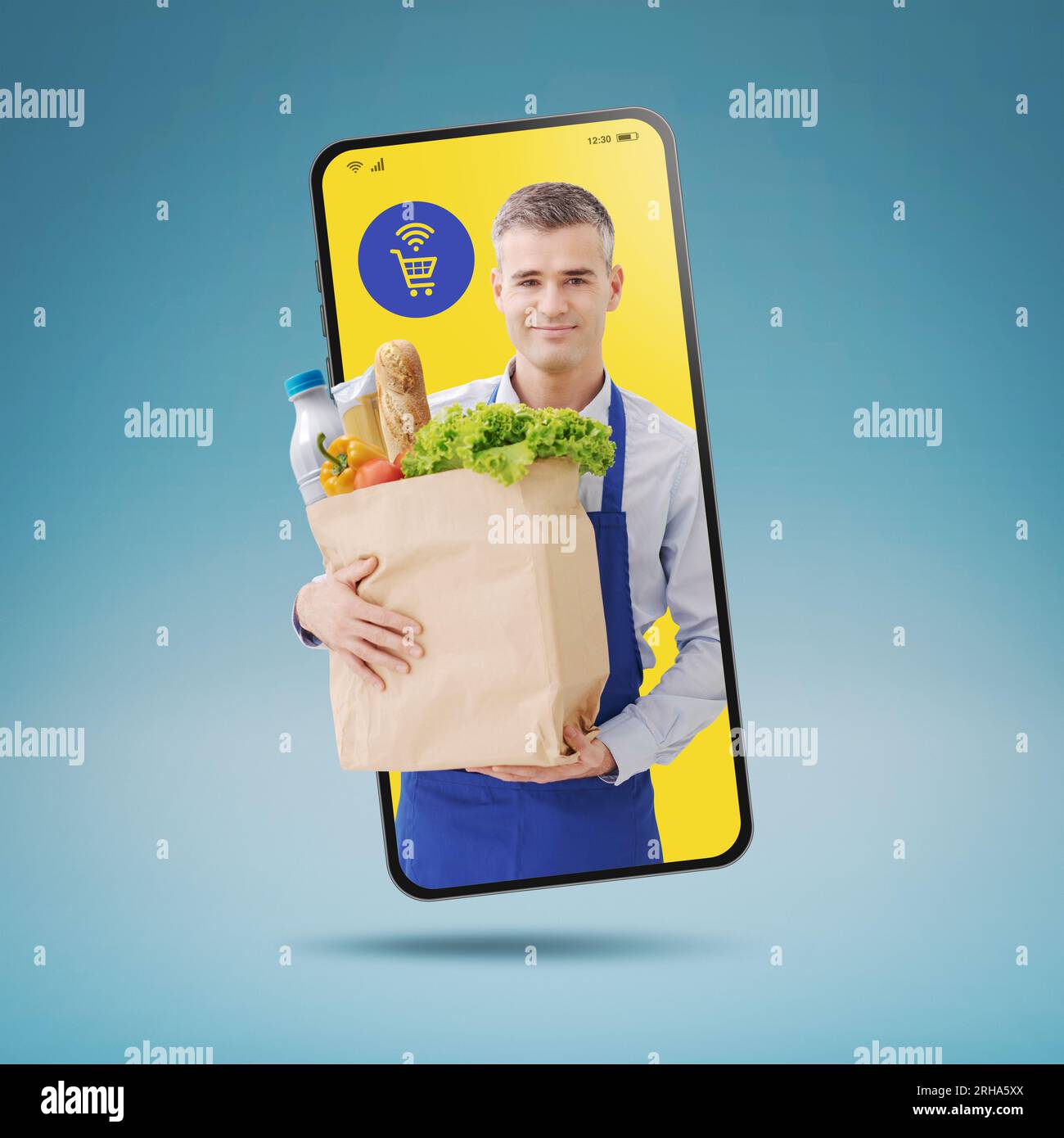 Online grocery shopping app shop assistant holding a full grocery bag